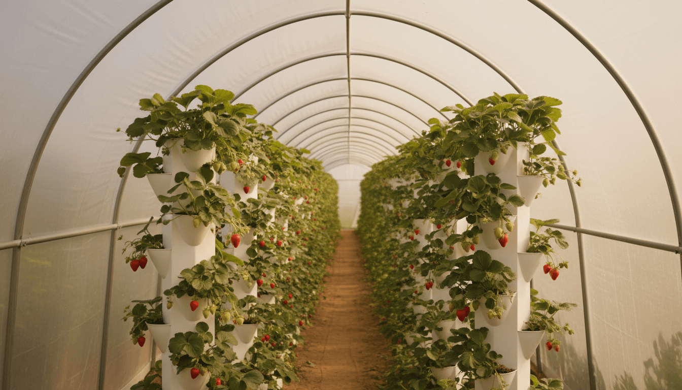 Vertical strawberry towers positioned efficiently inside a UK polytunnel shelter