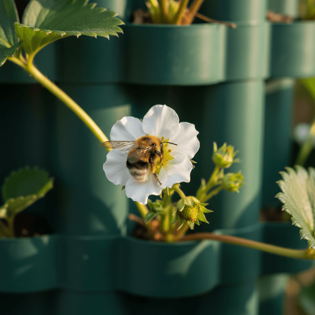Bee pollinating strawberry flower on outdoor tower