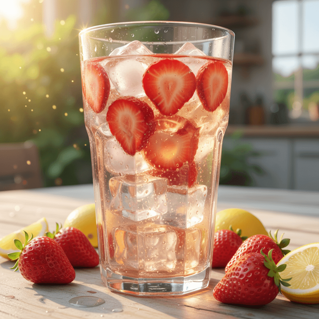 Glass of strawberry lemonade with ice and fresh berries