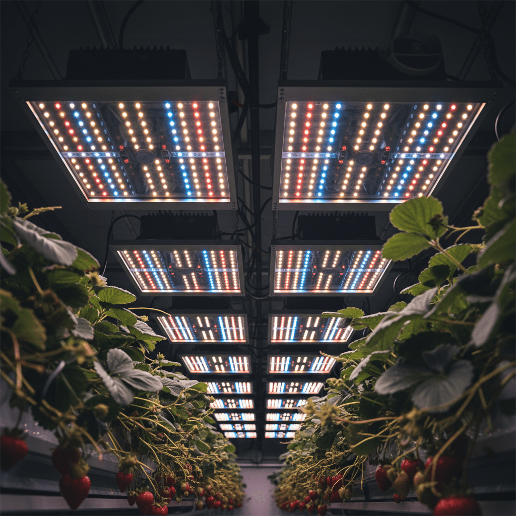 LED grow lights illuminating strawberry plants in vertical tower