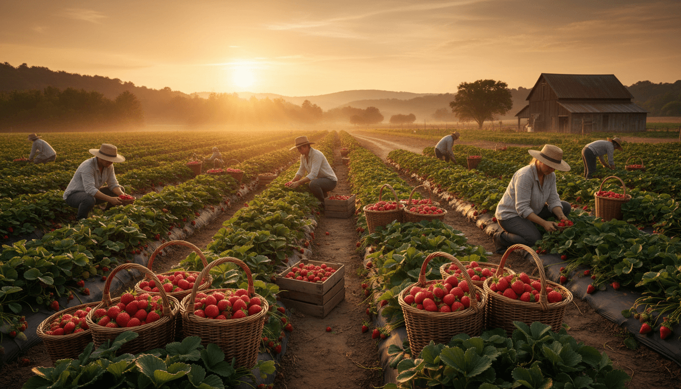 Strawberry farm at sunset with golden light illuminating the fields and community atmosphere