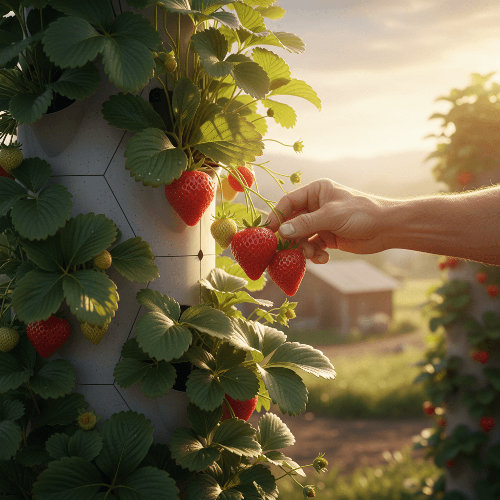 Fresh strawberries being picked from a tower