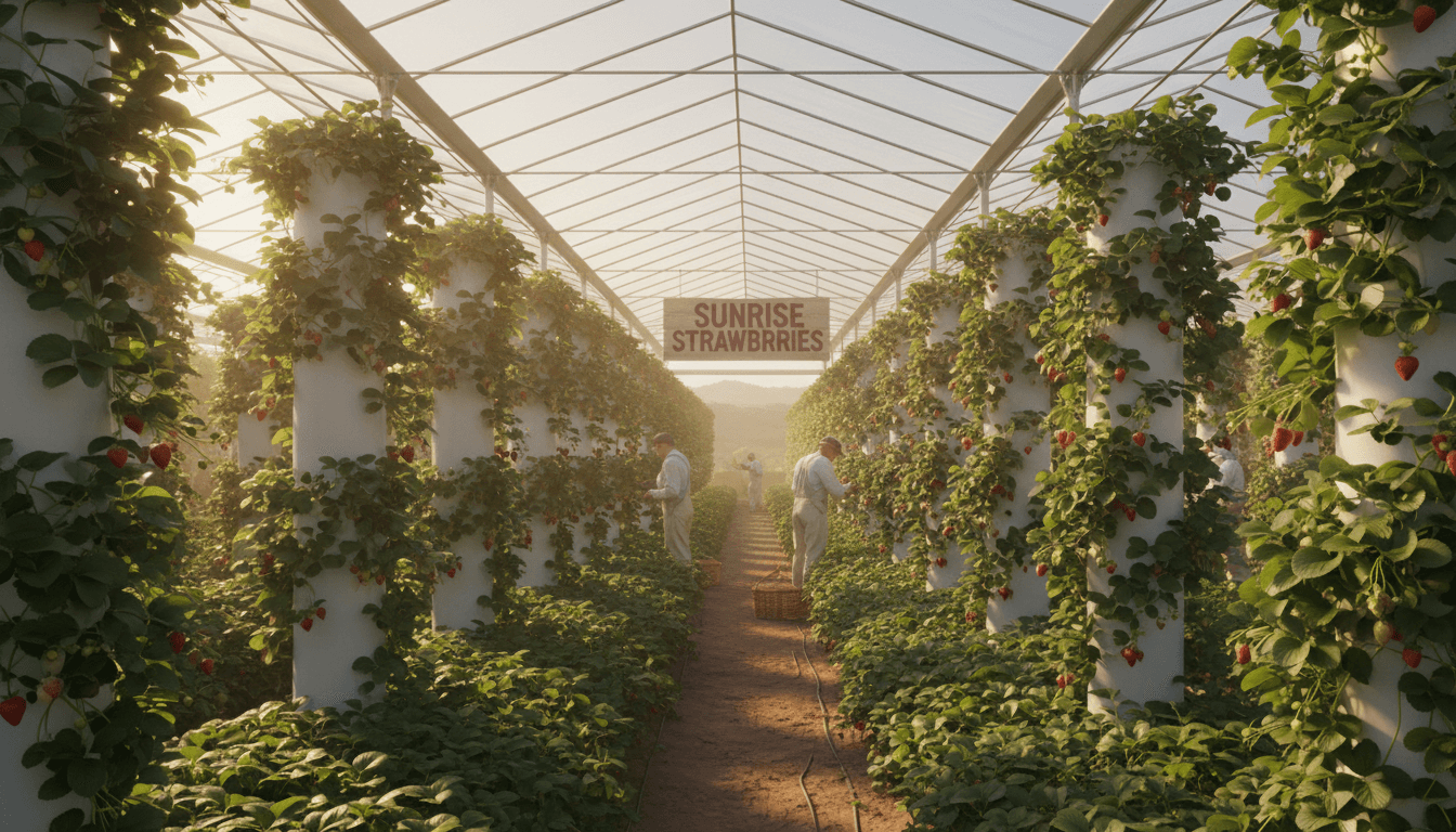 Dillon's Strawberry Farm with vertical tower growing systems and fresh strawberry plants