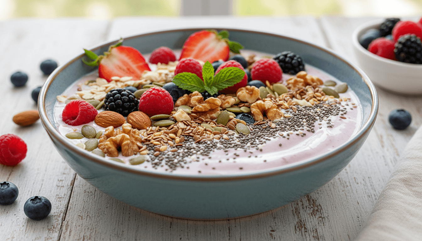 Mixed berry smoothie bowl with strawberries, seeds, and nuts on wooden table