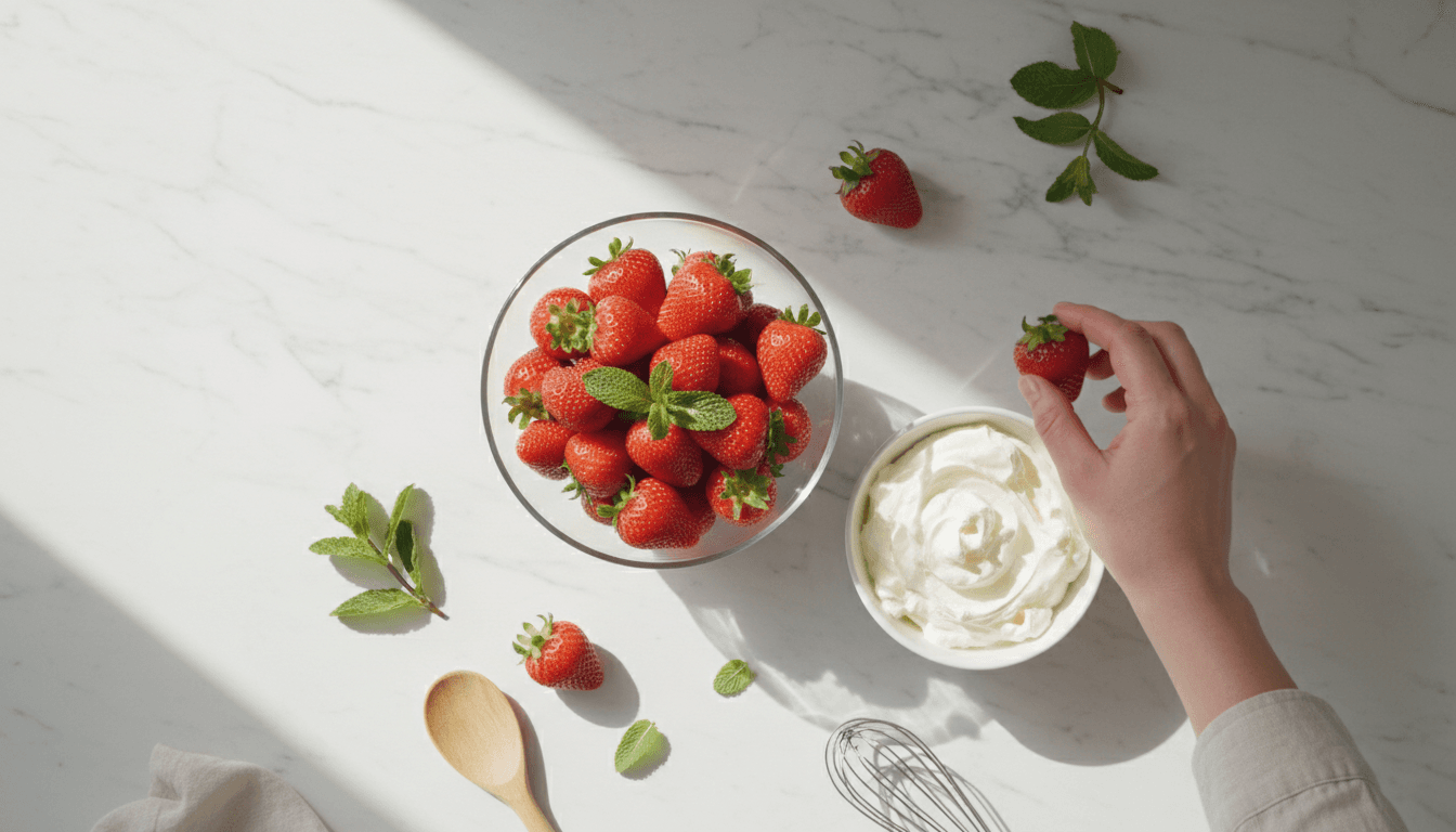 Ripe strawberries with cream and mint ready for recipe preparation