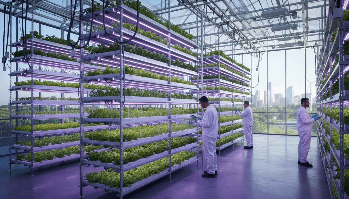 Vertical farming operation with green seedlings in modern greenhouse