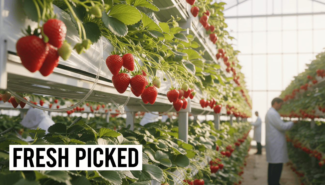 Ripe red strawberries on a vertical growing tower in modern agricultural facility