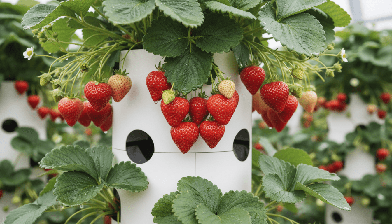 Ripe strawberries clustered on vertical growing tower with lush green plants