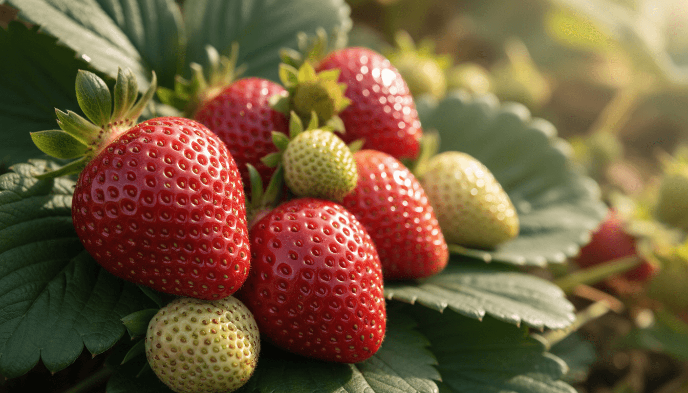 Fresh ripe strawberries on the vine with green leaves in natural daylight