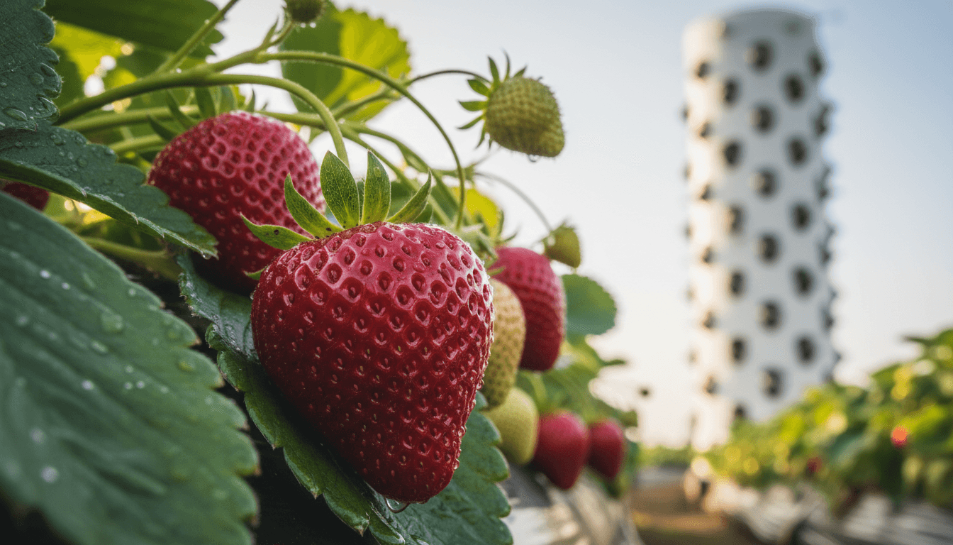 Ripe strawberries on plant with morning dew