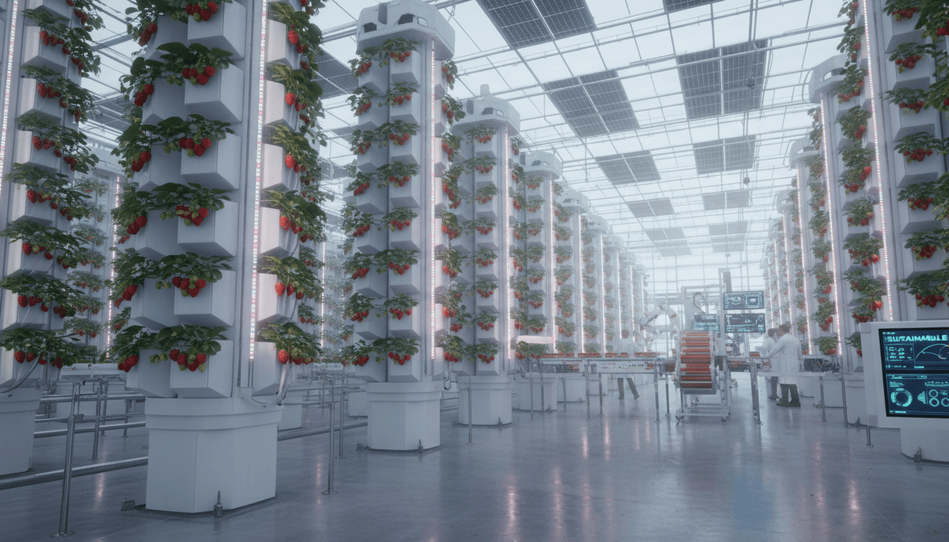Modern strawberry farm with vertical grow towers in Manchester