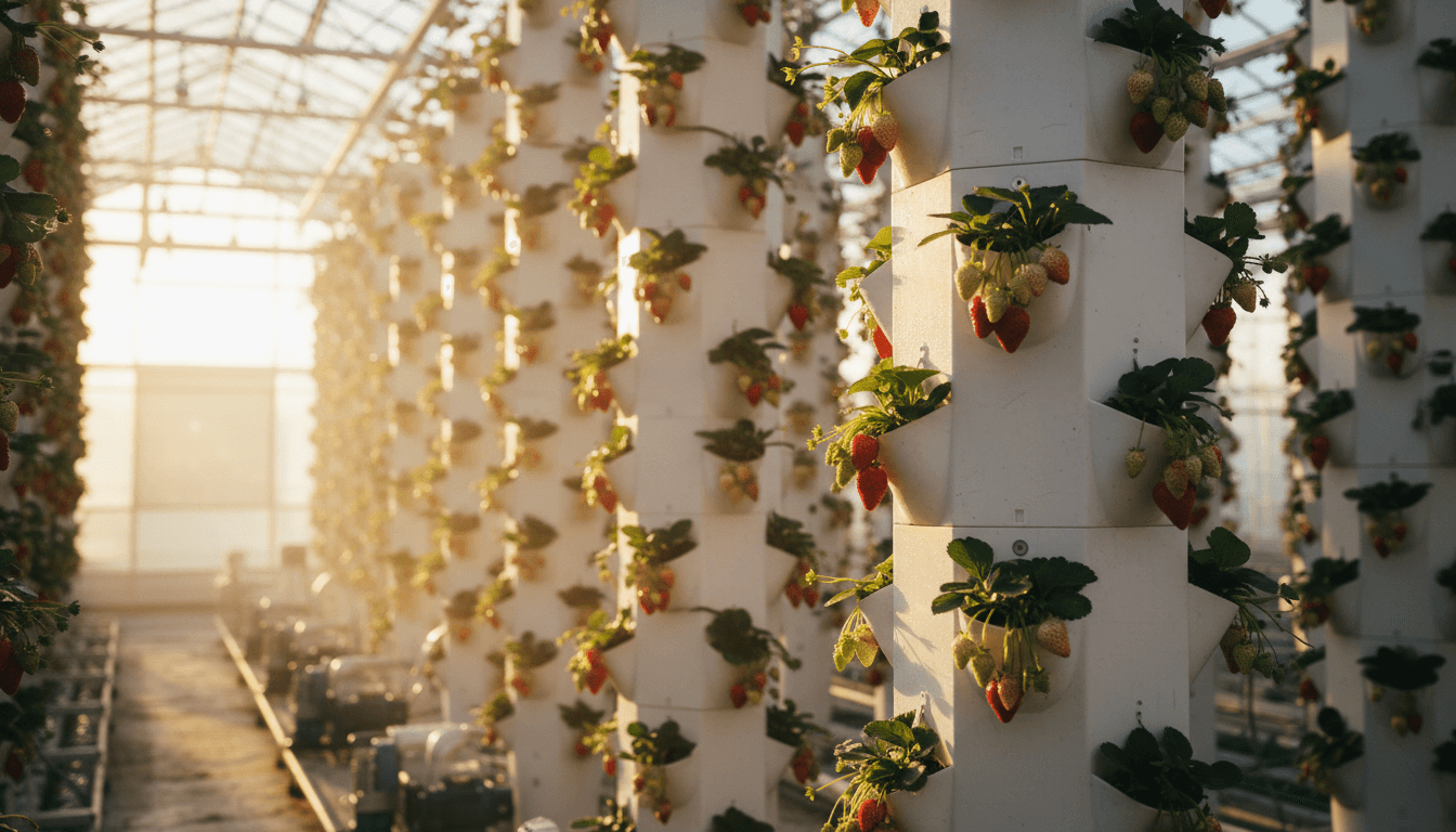 Ripe strawberries growing on vertical grow towers in a modern Manchester greenhouse farm