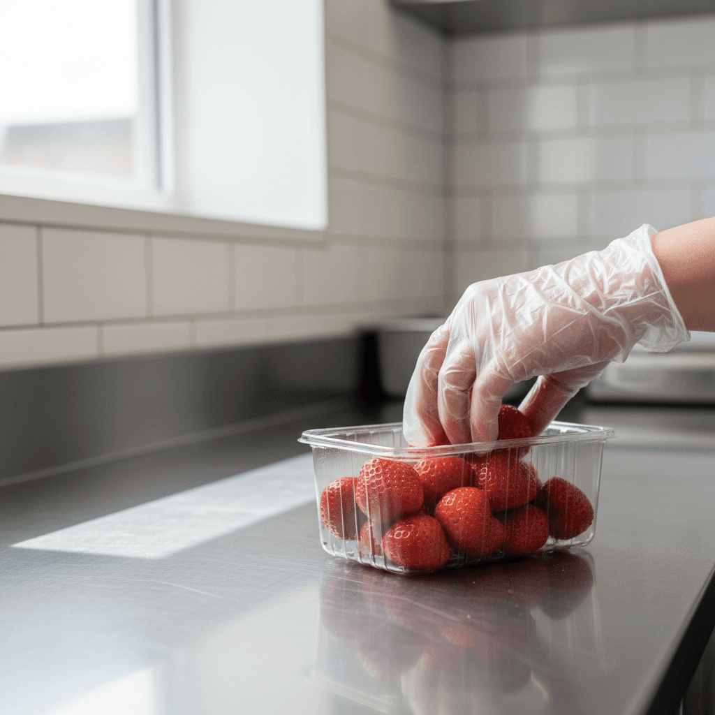 Fresh strawberries being packaged for delivery