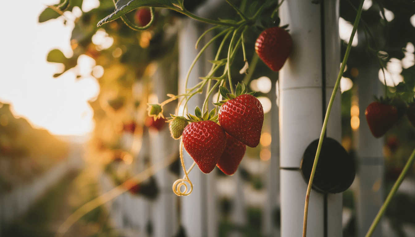 Fresh strawberries growing in vertical tower system with natural light