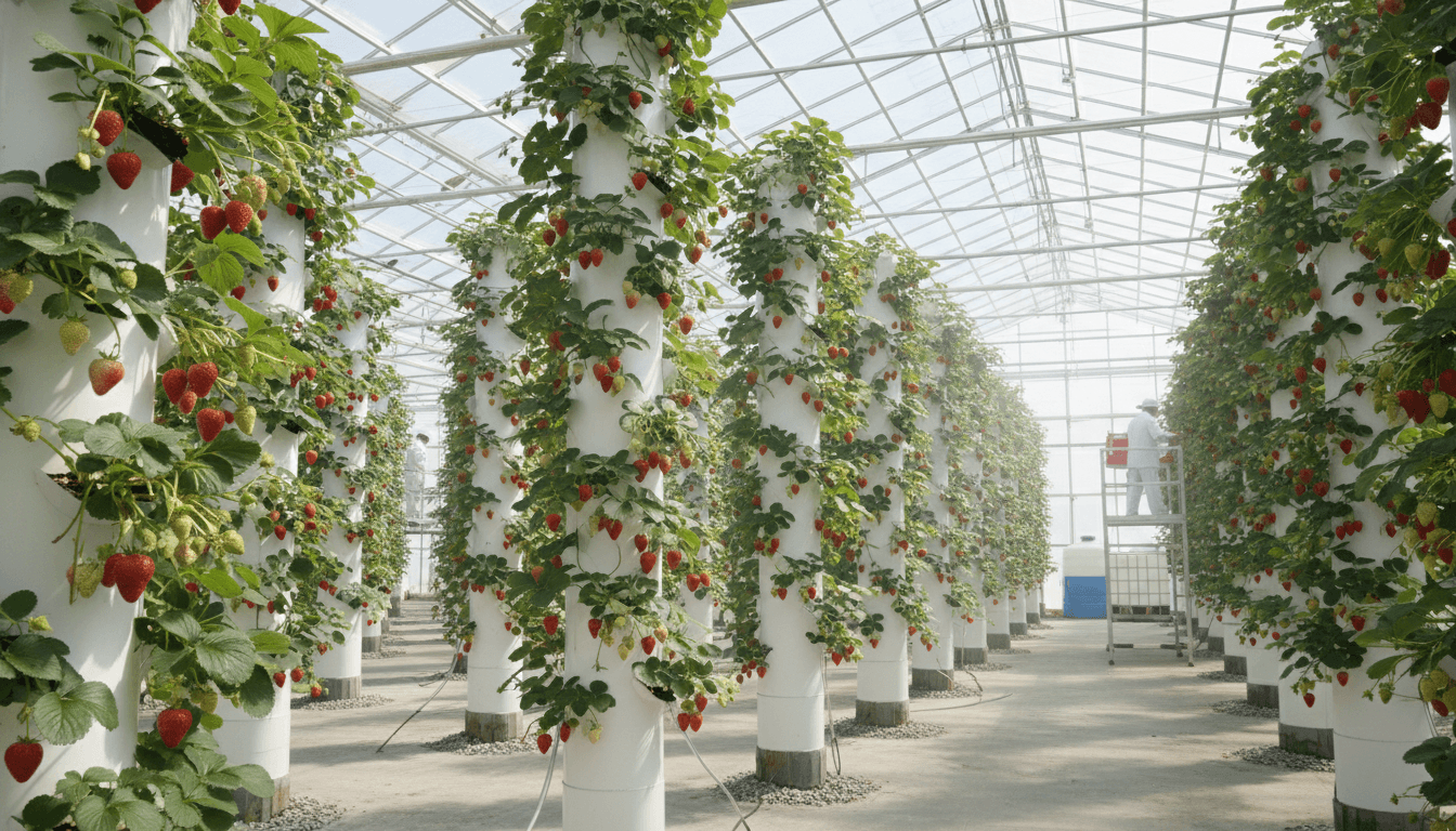 Vertical grow towers with thriving strawberry plants
