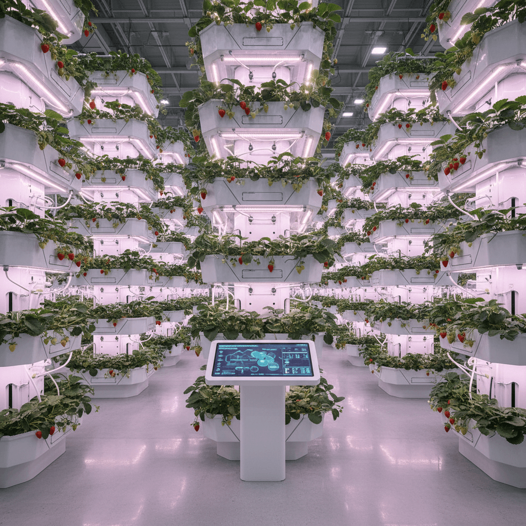 Vertical farming grow towers with strawberry plants