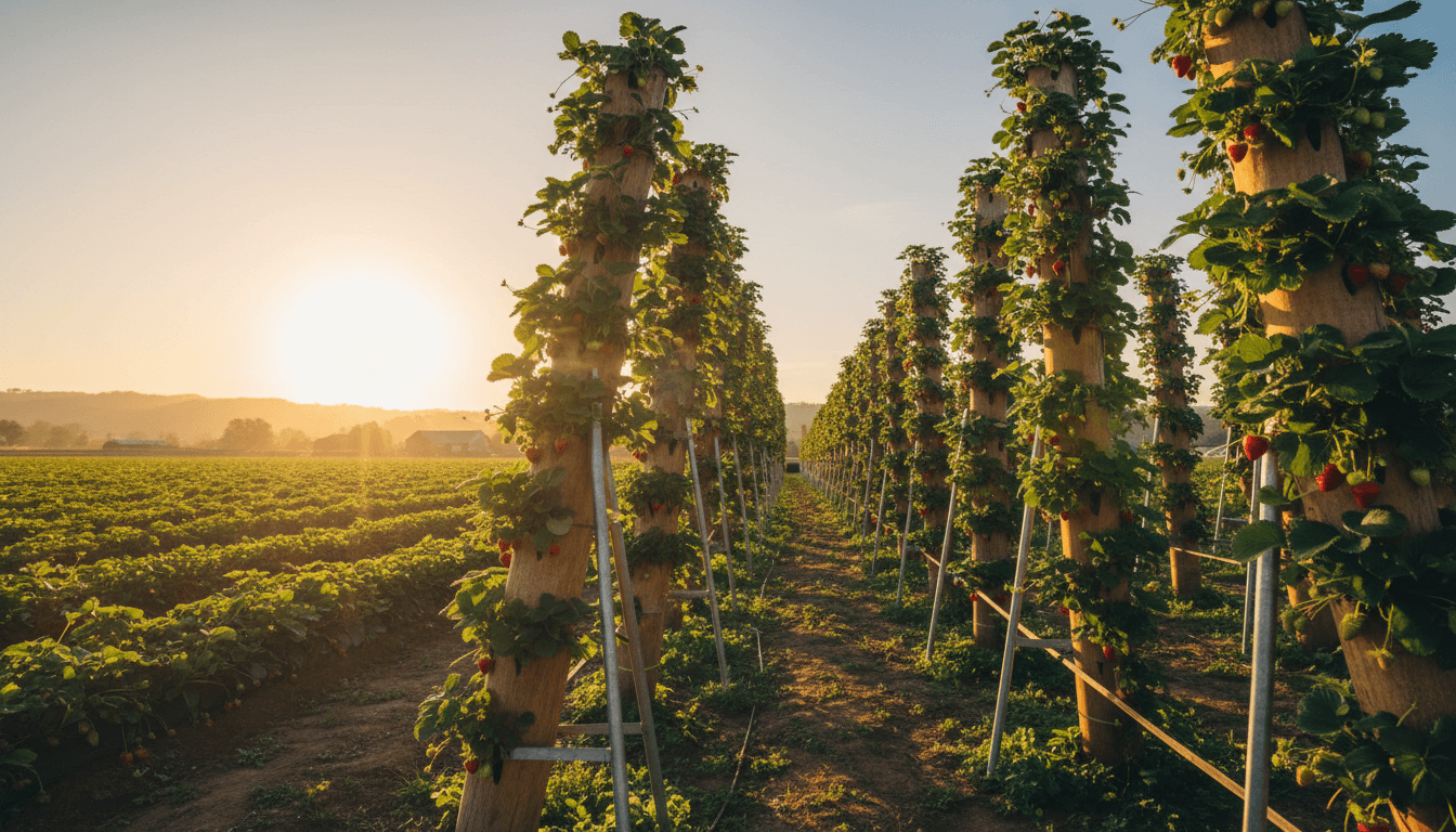 Vertical strawberry grow towers catching natural sunlight in a Manchester outdoor growing field