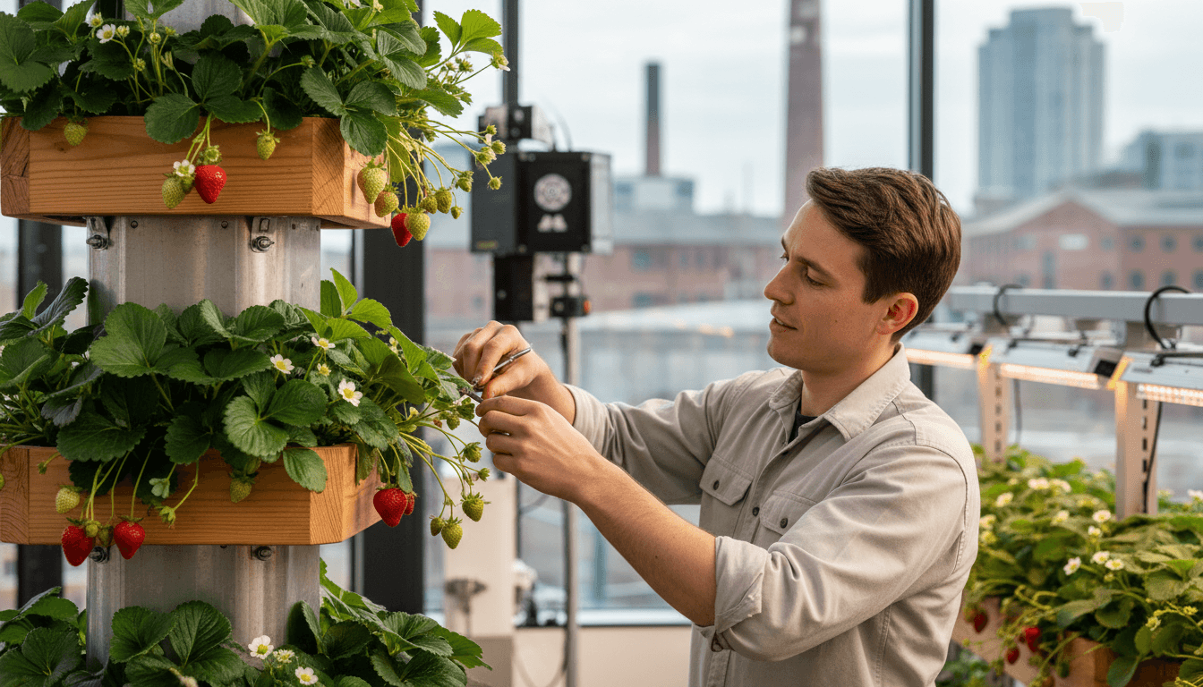 Hands tending strawberry plants in modern vertical growing system