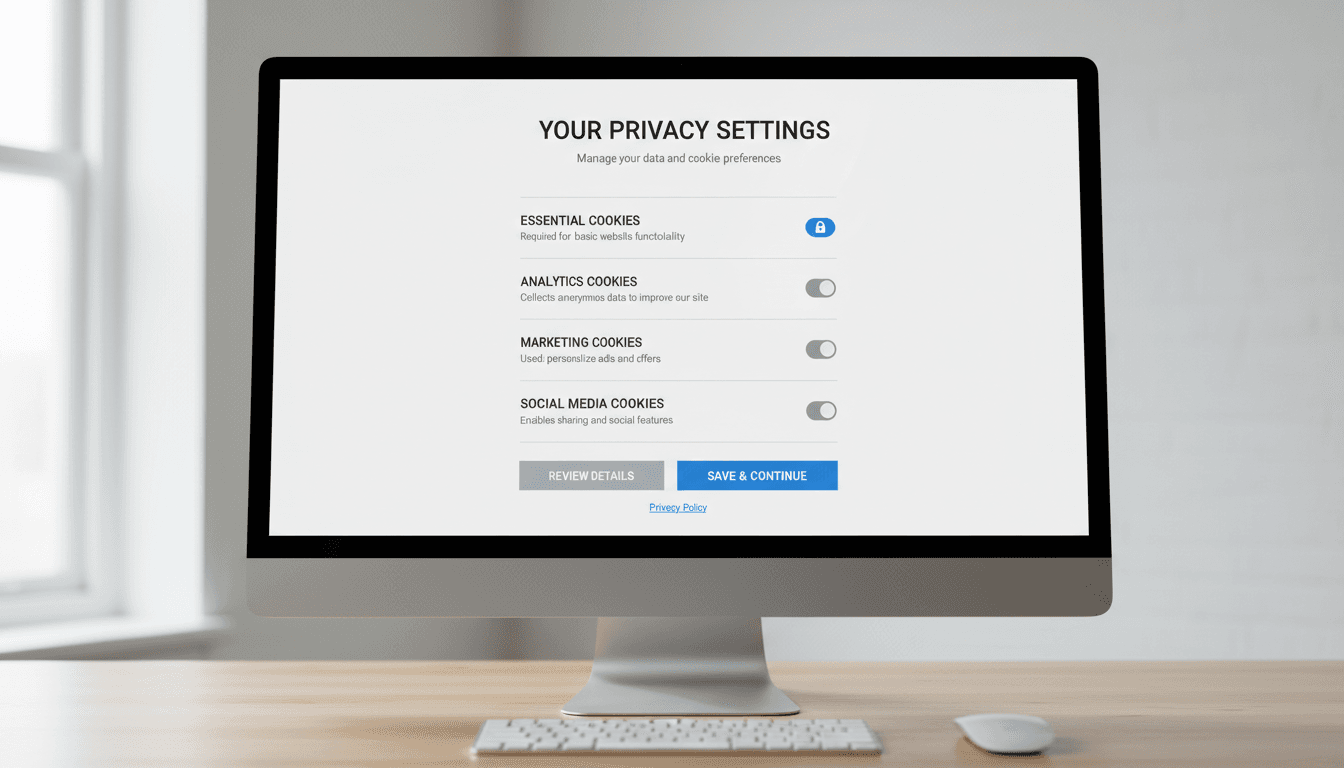 Website cookie settings interface with privacy controls displayed on computer screen