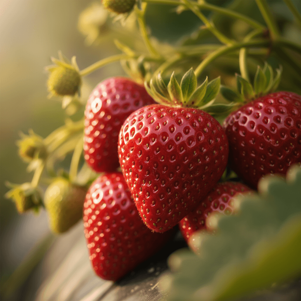 Close-up of ripe strawberries on the plant