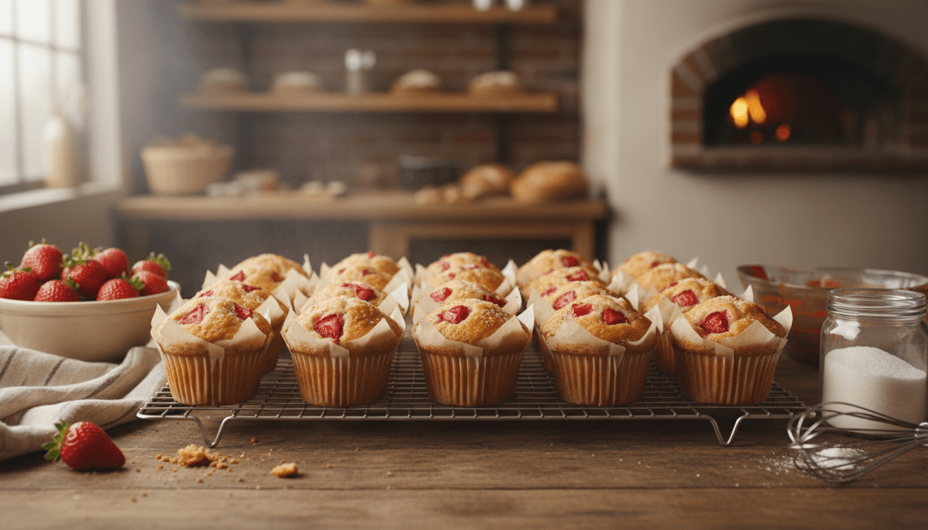 Batch of strawberry muffins in paper cases showing production and variety