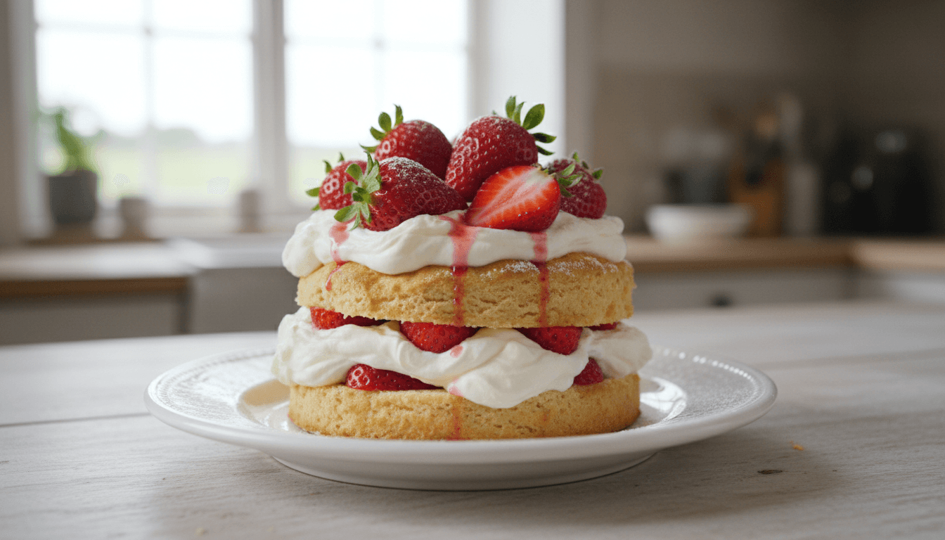 Complete layered strawberry shortcake presentation