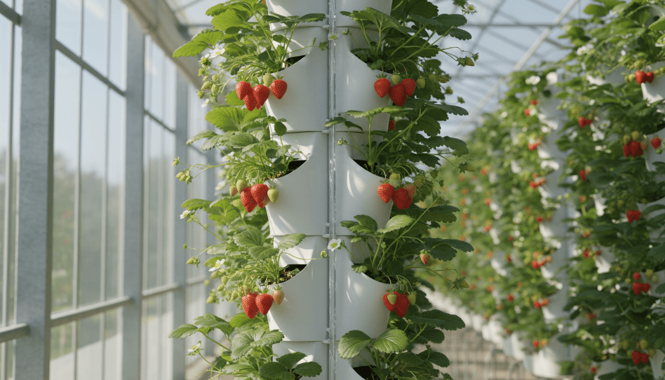 Vertical strawberry tower farm with ripe berries growing in natural sunlight