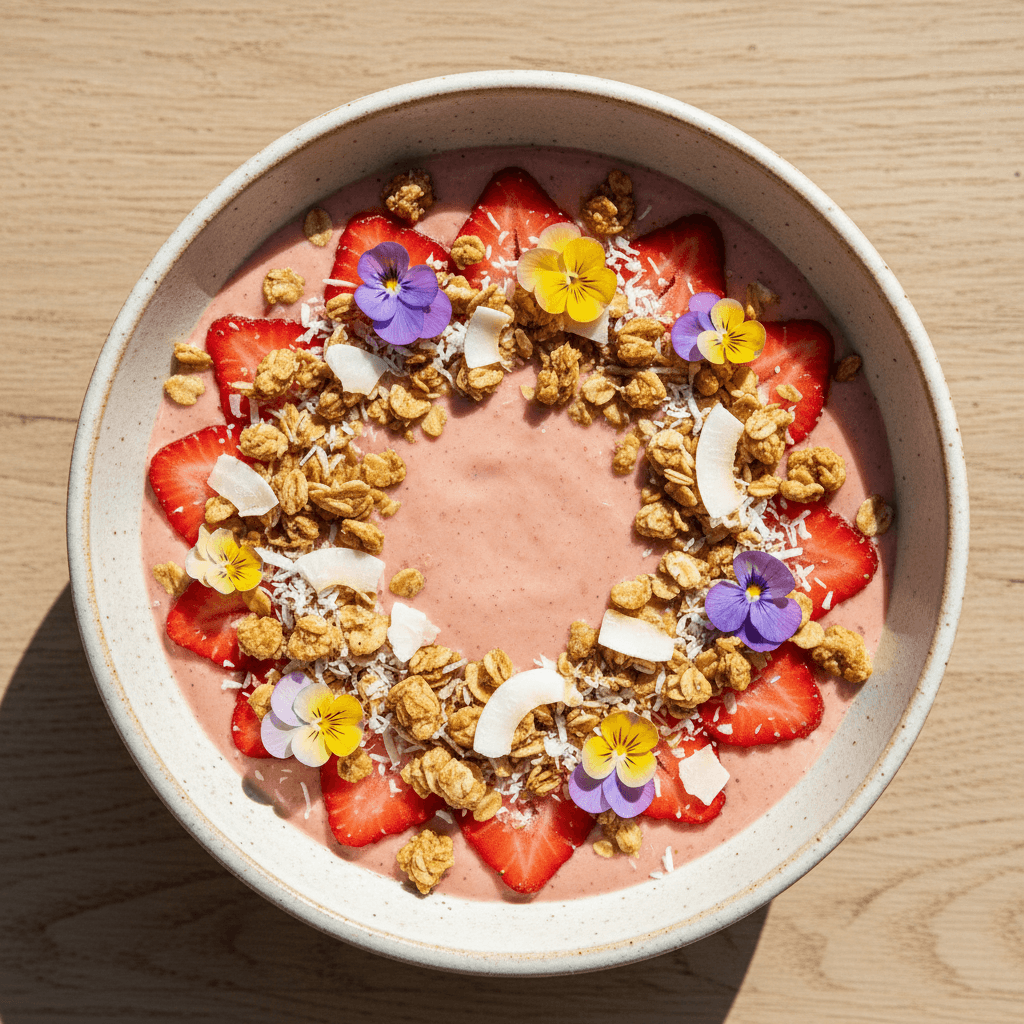 Strawberry smoothie bowl topped with granola and fresh fruit