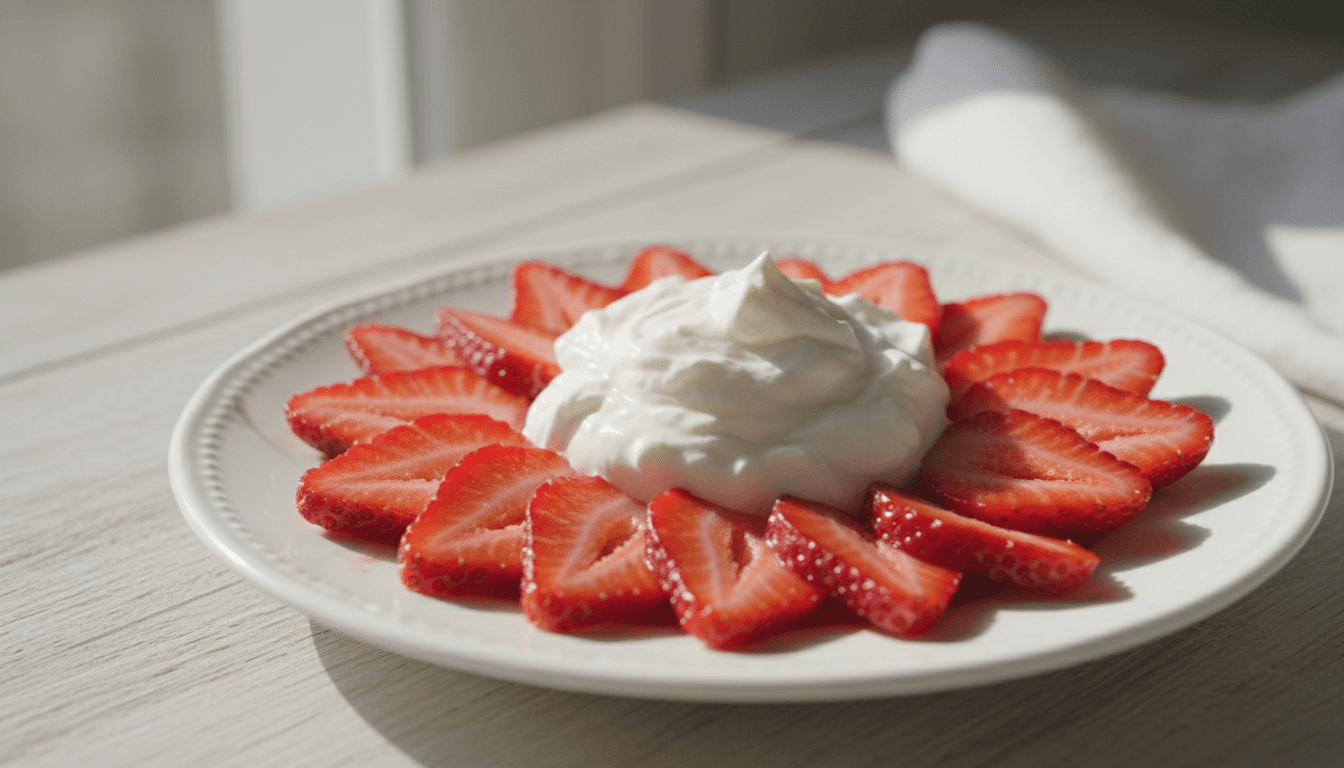 Close-up of fresh sliced Dillon's strawberries with cream