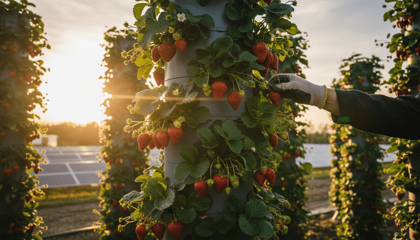 Vertical grow tower at Dillon's Strawberry Farm with ripe strawberries and golden sunlight