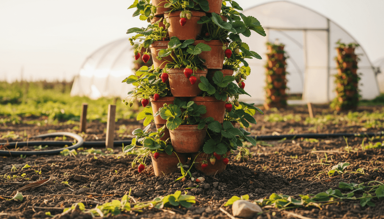 Vertical strawberry grow tower at Dillon's Strawberry Farm in Manchester during golden hour