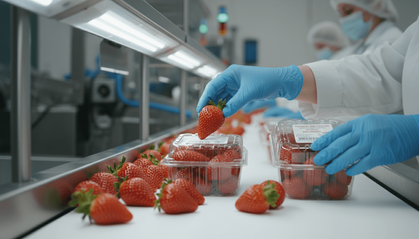 Freshly harvested strawberries being inspected and packaged for food safety and traceability