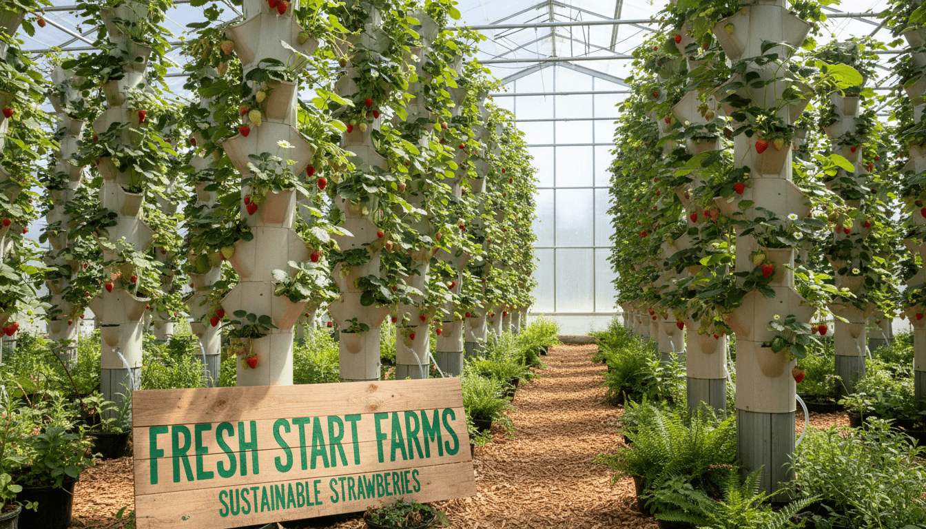 Modern vertical grow towers at Dillon's Strawberry Farm in Manchester with lush strawberry plants