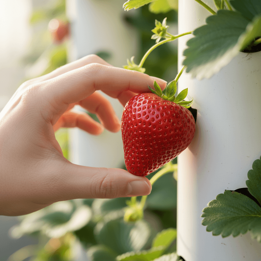 Hand inspecting pesticide-free strawberry from indoor tower