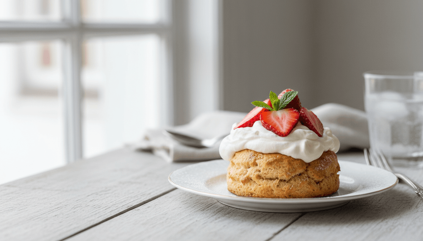 Strawberry shortcake with scone base, whipped cream, and fresh Dillon's strawberries