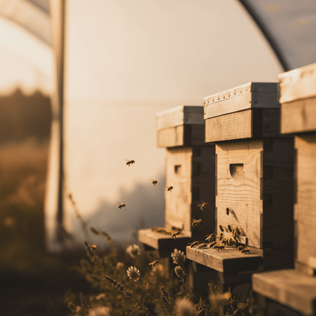 Beehives supporting pollination at the farm