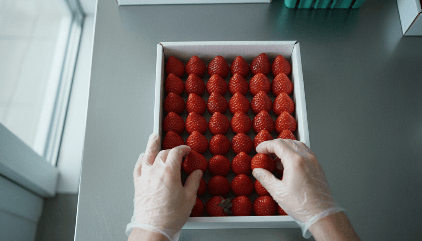 Hands packing fresh strawberries into delivery box