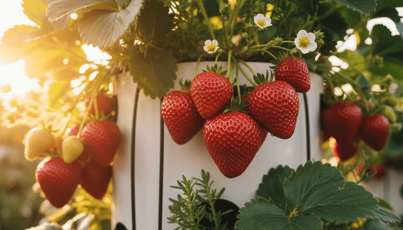 Close-up of ripe strawberries on tower with warm lighting