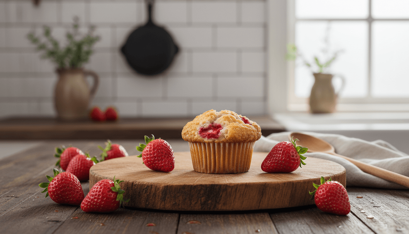 Individual strawberry muffin with whole berries on rustic surface