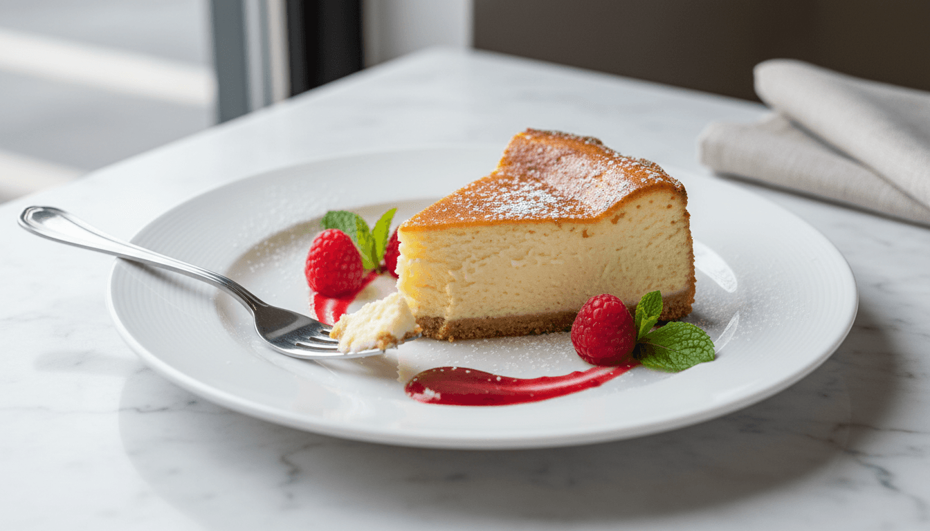 Plated cheesecake slice with fork and elegant dessert presentation
