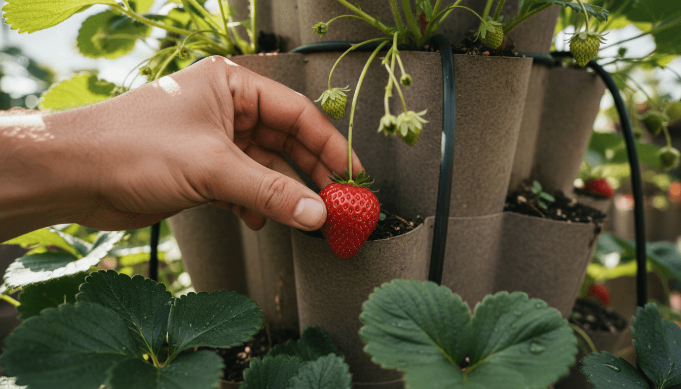 Hand harvesting ripe strawberry from vertical tower