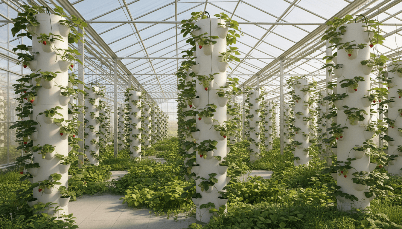 Vertical grow towers with strawberry plants in modern greenhouse facility