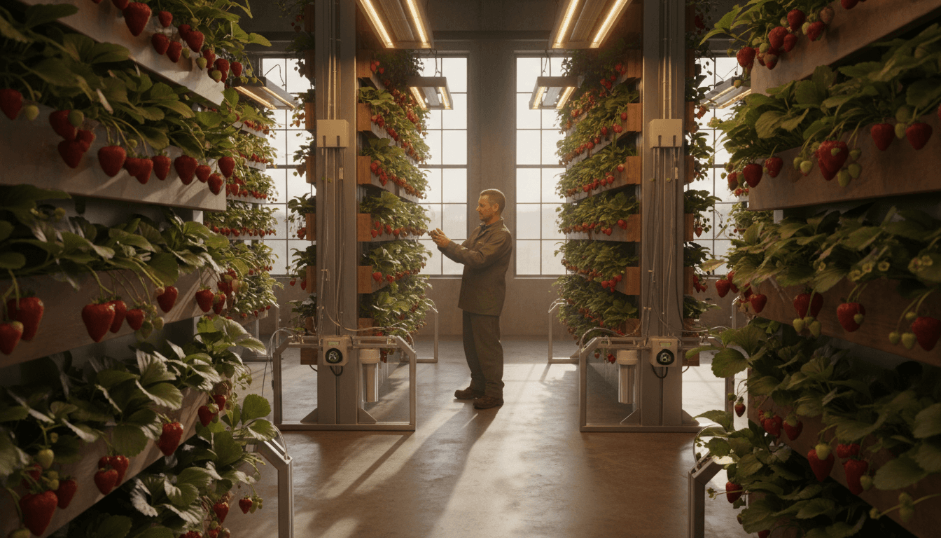 Vertical strawberry grow tower with ripe strawberries and LED grow lights in an indoor farm setting