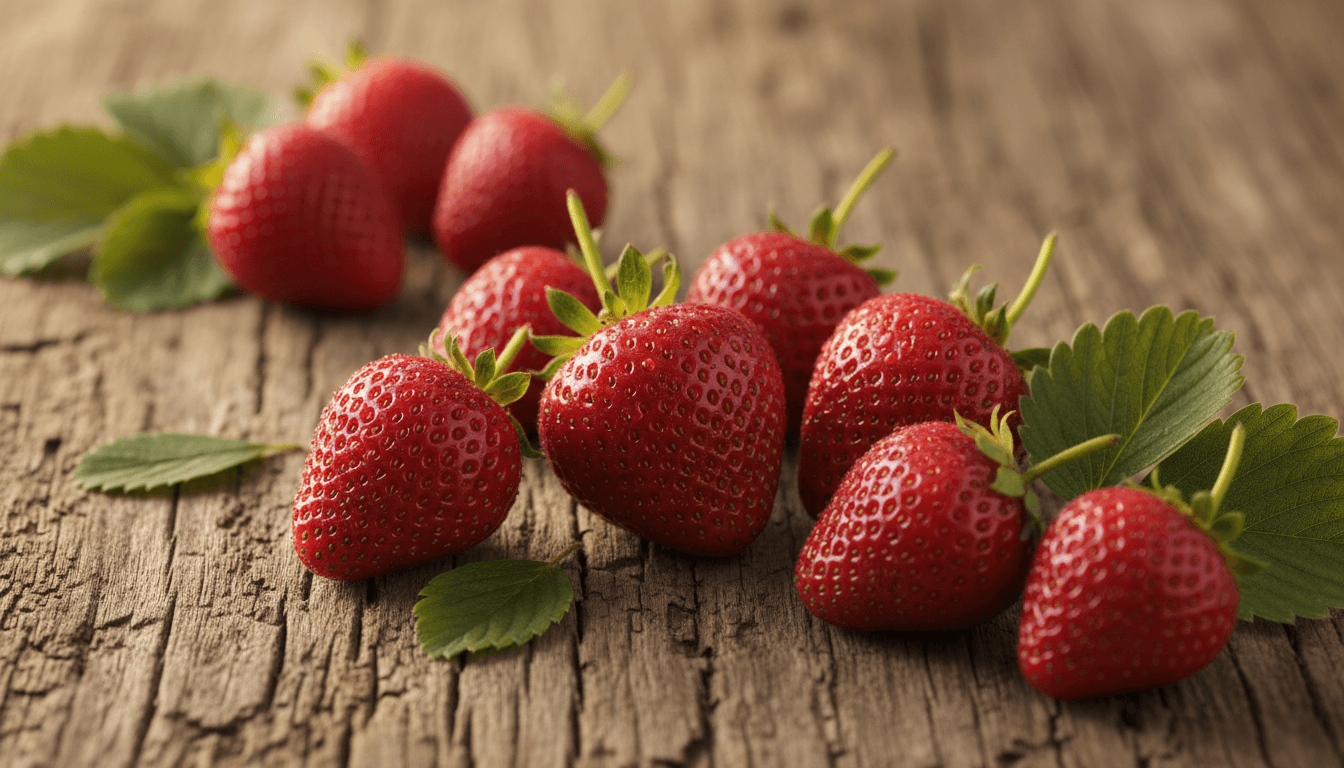 Fresh pesticide-free strawberries with dew drops on weathered wood