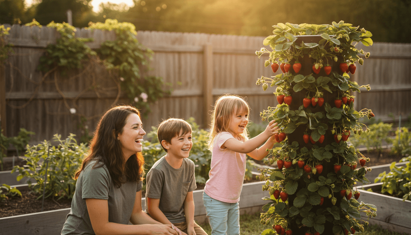 Family admiring a thriving strawberry tower in a garden
