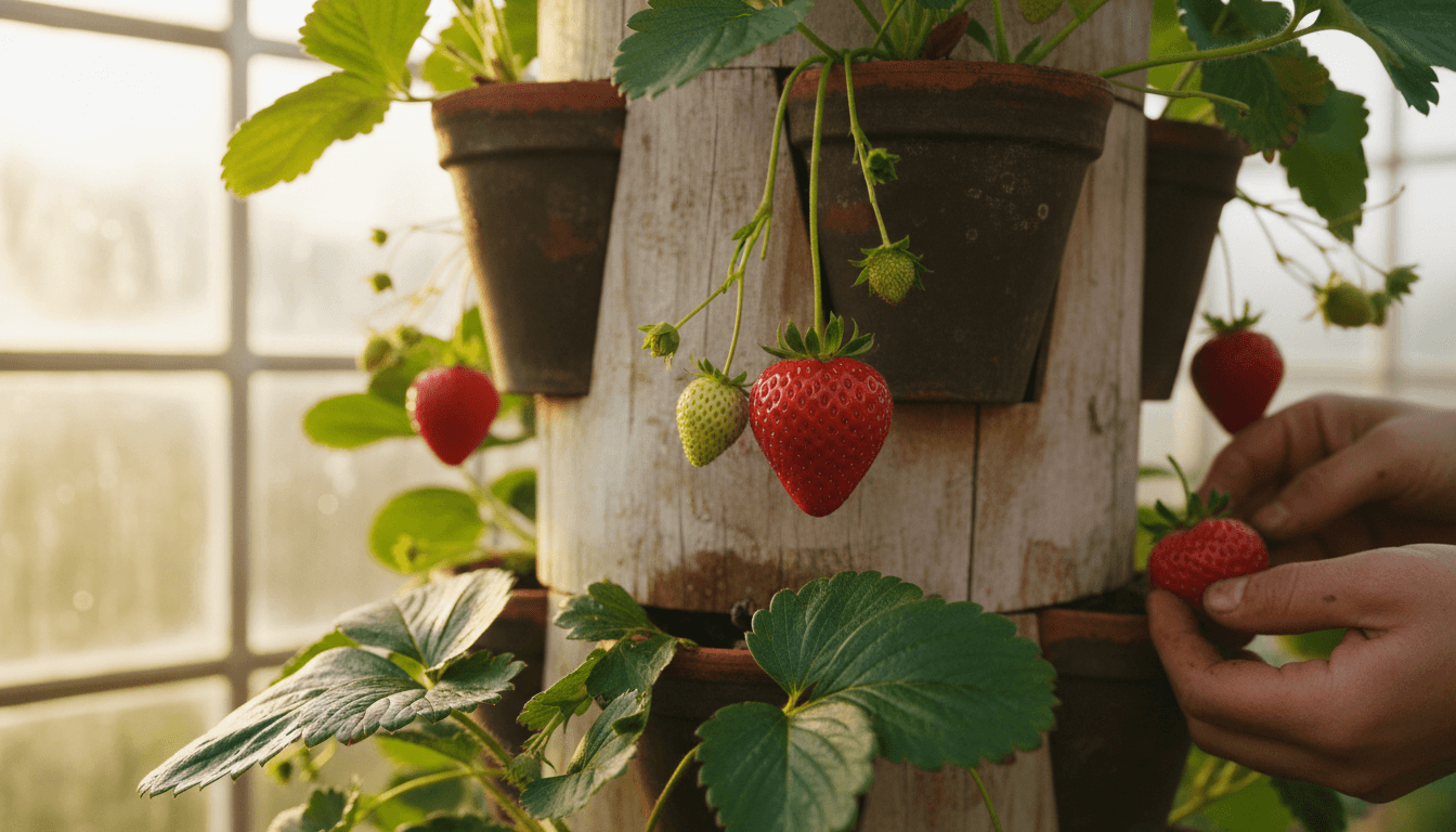 Ripe red strawberries growing in vertical tower at Dillon's farm