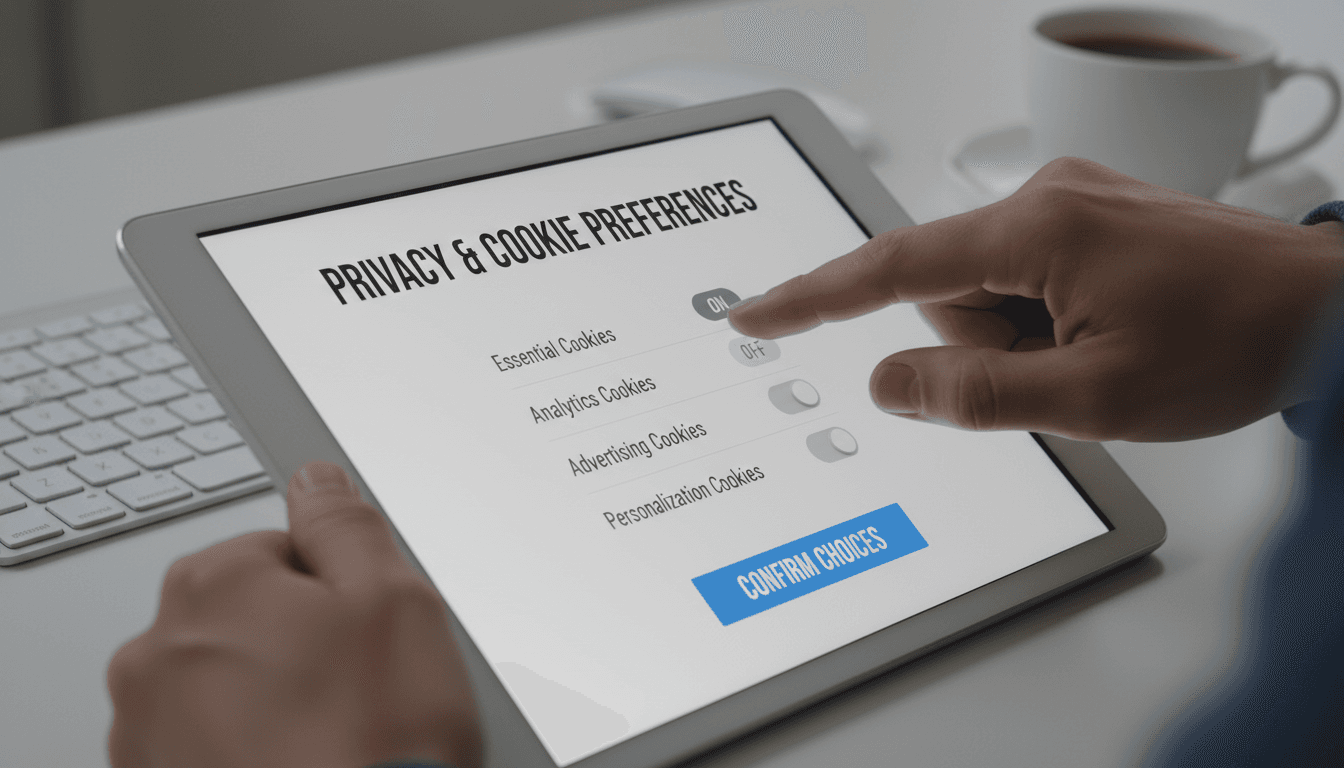 Hand adjusting privacy settings and cookie preferences on digital device screen