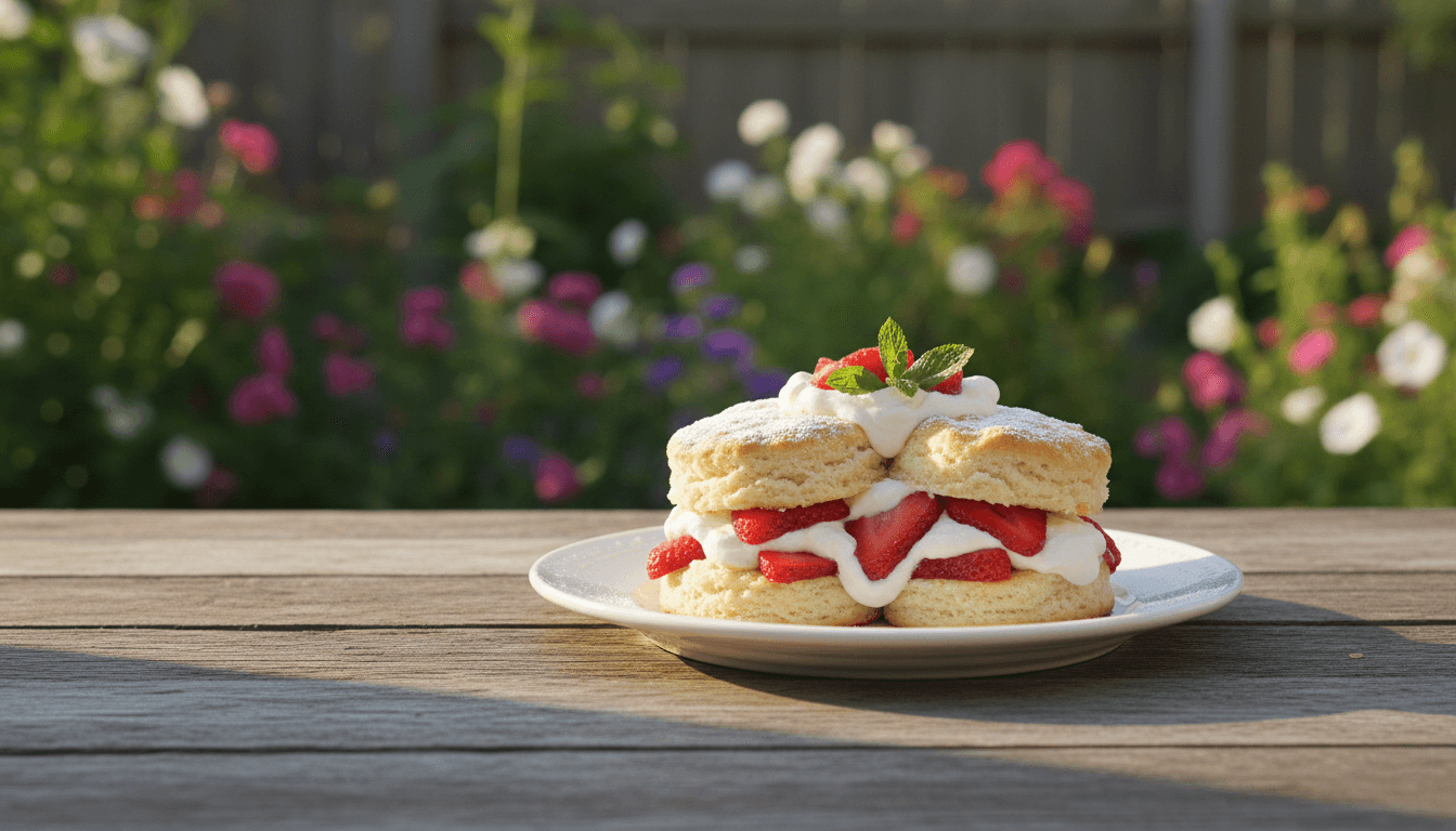 Strawberry shortcake displayed in natural light setting