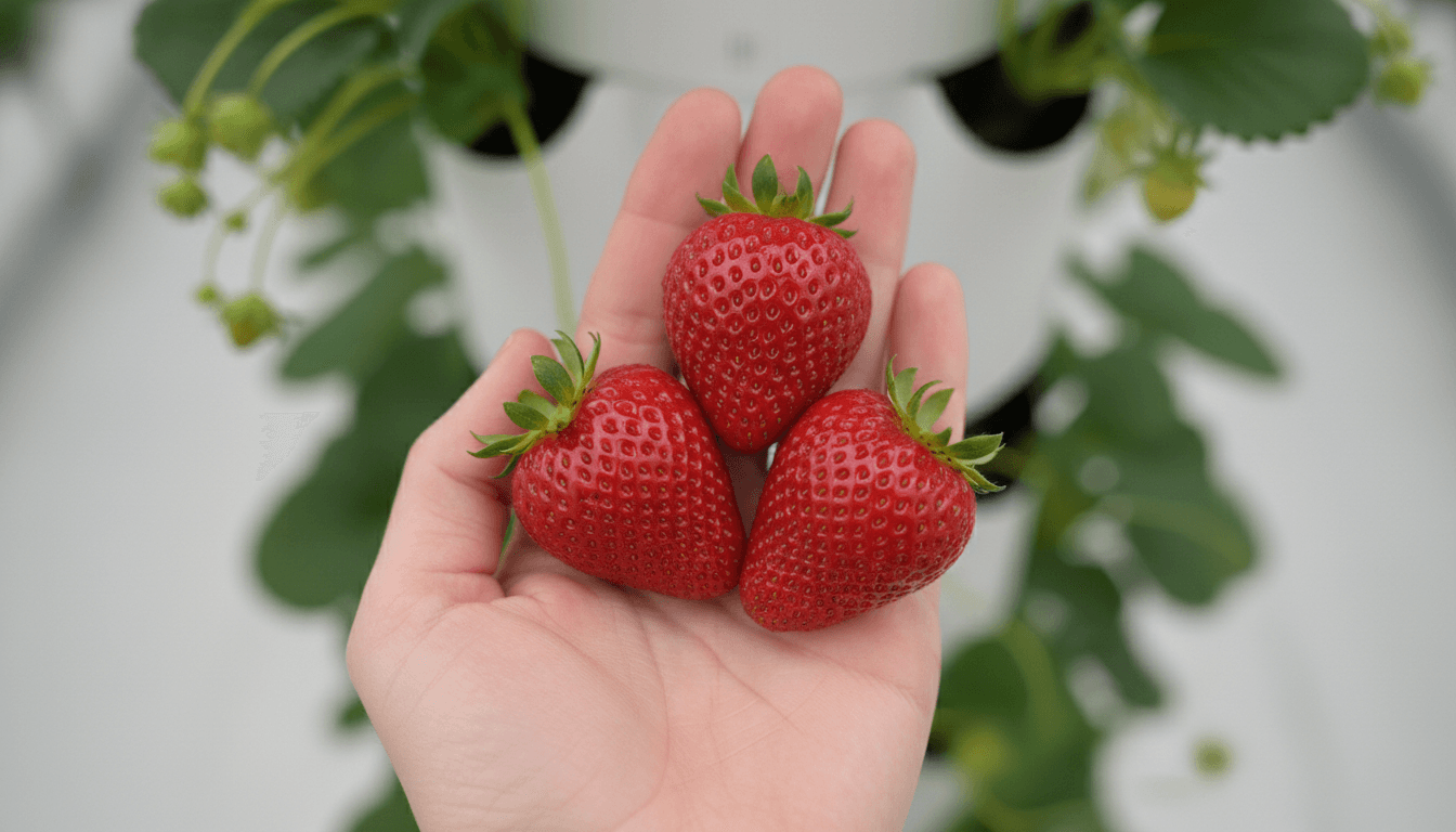 Close-up of fresh ripe strawberries from vertical tower system