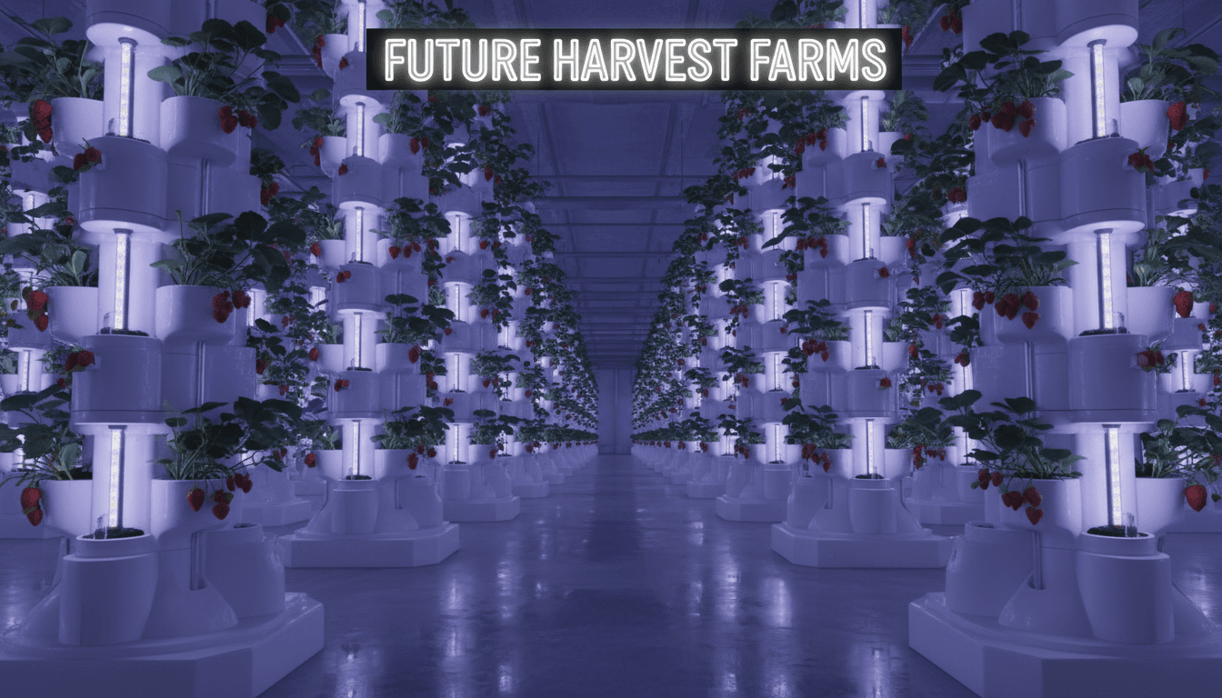 Vertical farming tower with fresh strawberry plants under bright growing lights